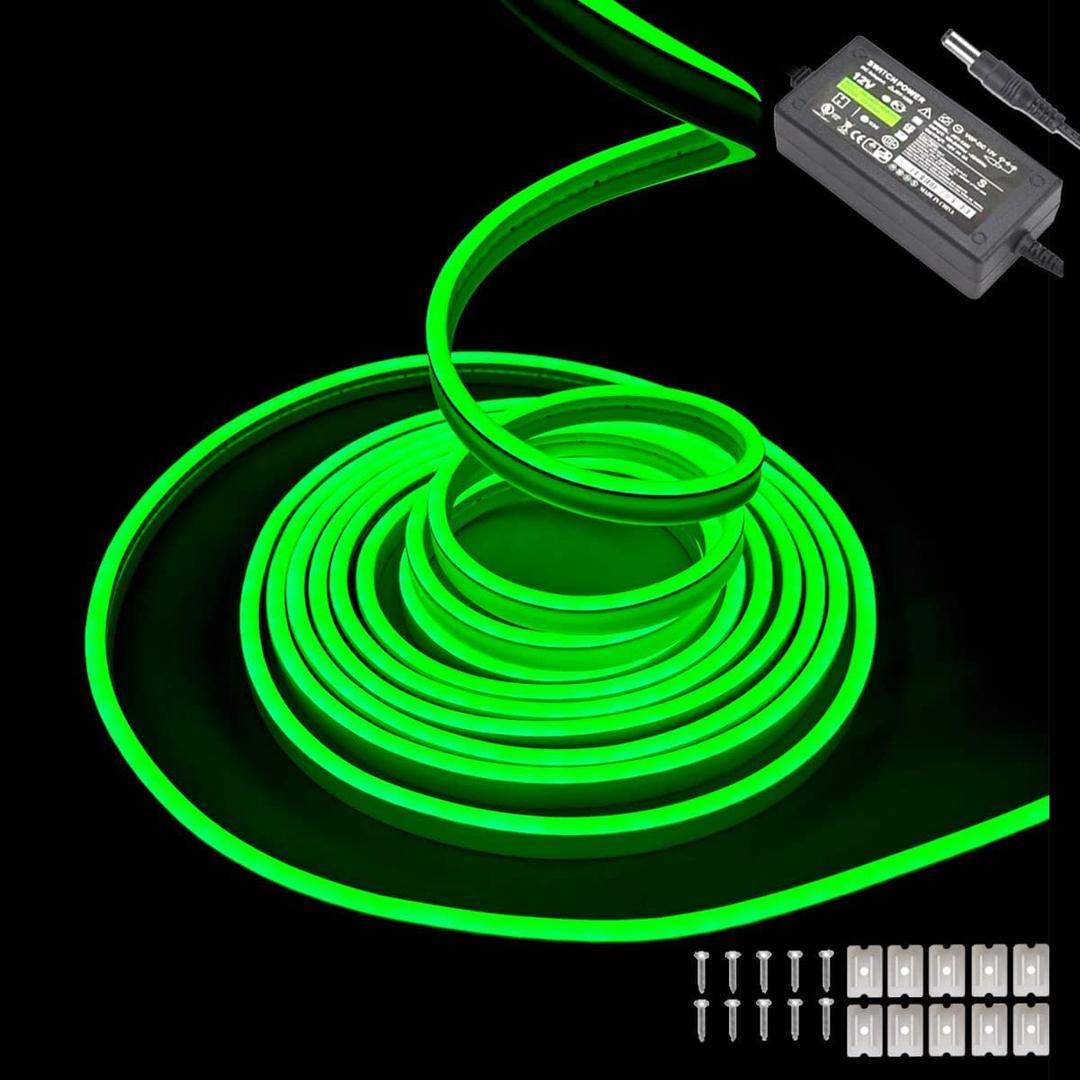 Green Neon LED Strip Lights, 16.4ft 12V Waterproof Flexible Light for Indoor/Outdoor Decoration (Includes Power Adapter) (5M)
