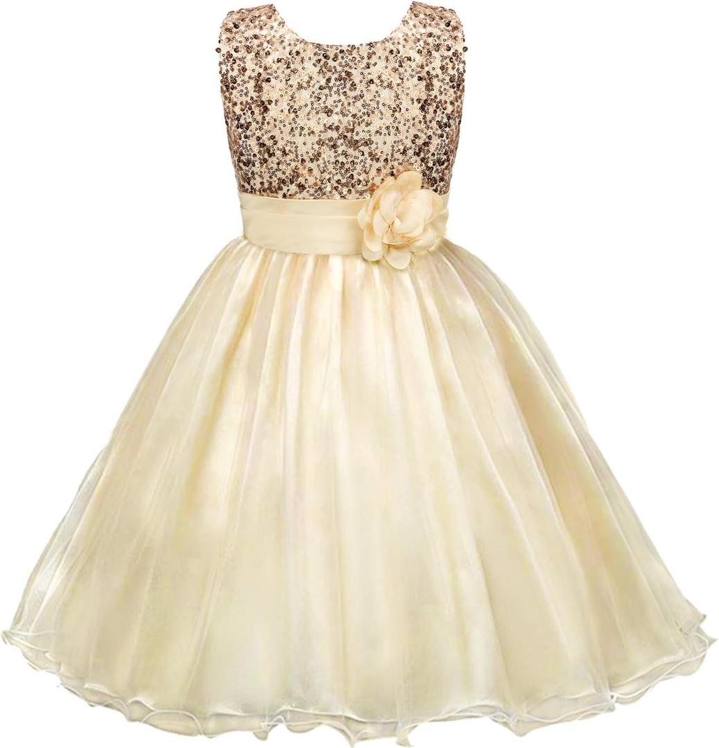 Acecharming Girls Dresses Sequin Flower Girls Party Dress Bridesmaid Ball Gown Wedding Tulle 3-10 Years (8-9 Years, Golden)
