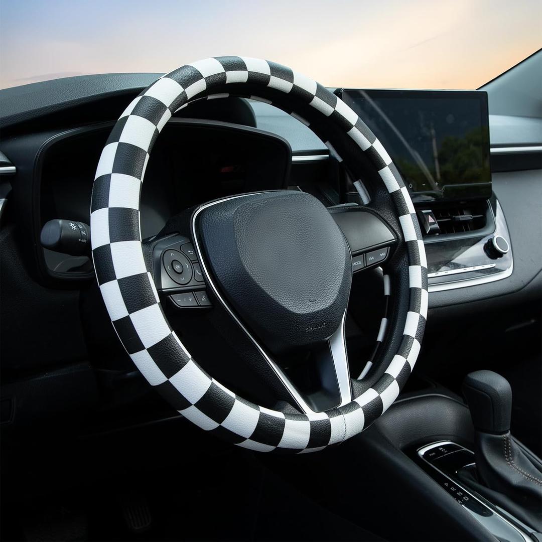 Black and White Race Checkered Steering Wheel Cover Auto Leather Steering Wheel Protector, Anti-Slip, Breathable, Absorbing Sweat, Universal Car Accessories 14.515 inch,Fit for Most Car, Trucks, SUV