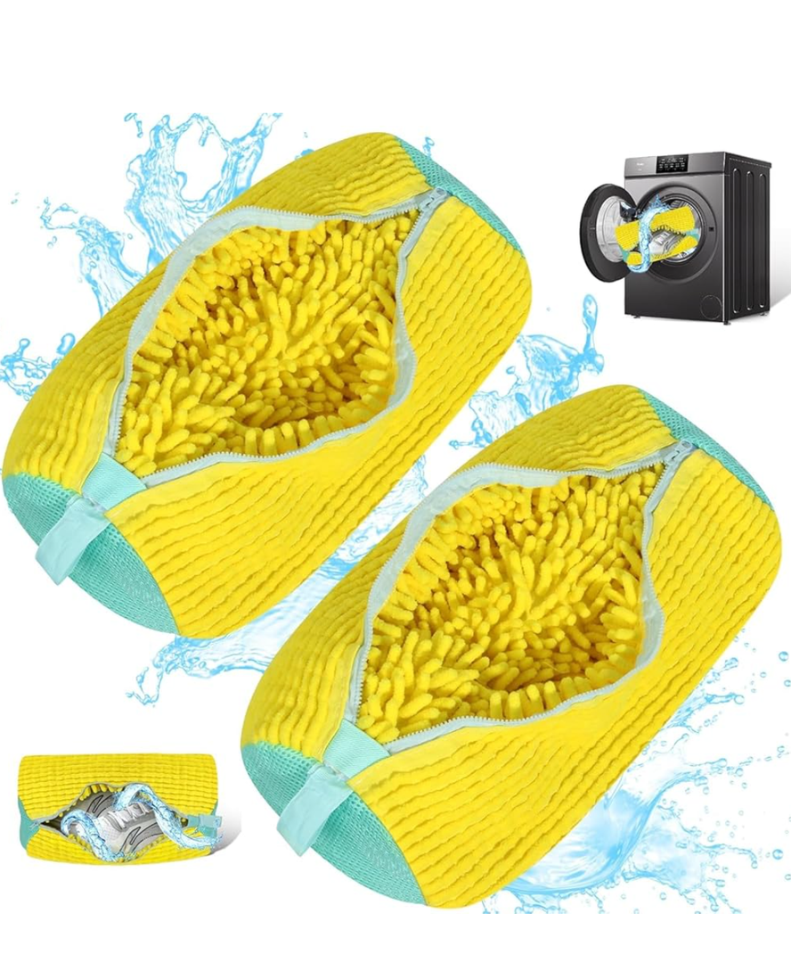 2 Pack Shoe Washing Bags for Laundry-Reusable Mesh Shoe Cleaner Bags for Washer & Dryer, Sneaker & Tennis Shoe Wash Protectors, Durable Zippered Shoe Laundry Bag (Yellow)