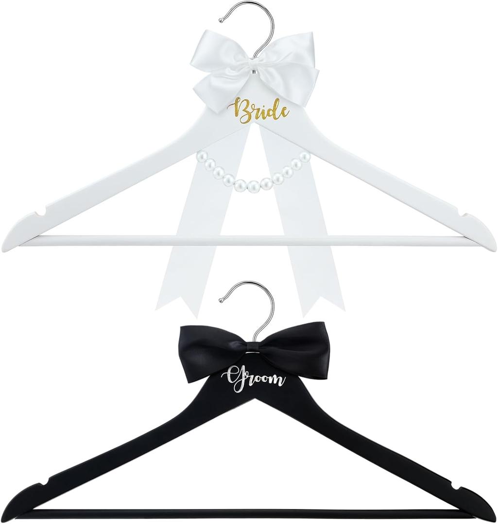 FillTouch 2 Pack Bride and Groom Wedding Hanger Set with Ribbon Bow Wooden Dress Suit Hanger Gift for Wedding Bridal Party Photo Decor(Black and White,Classic)