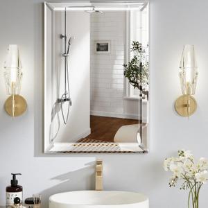 Bathroom Medicine Cabinet with 22x30 Inch Frameless Beveled Edge Mirror, Surface/Recessed Mount Vanity Storage Cabinet for Bathroom