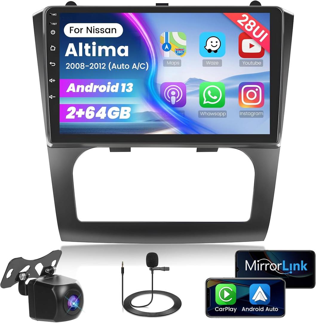Roinvou [2G+64G] Car Radio for Nissan Altima (Auto A/C) 2008-2012 with Wireless Carplay/Android Auto, 9 Inch Android 13 IPS Touch Screen Car Stereo, Bluetooth, GPS Navi, WiFi, 28UI, DSP+Backup Camera