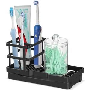 Pack of 2 MYITYARD Toothbrush Holders, Metal Tooth Brush Holder for Bathroom with Drainage, Countertop Electric Toothbrush and Toothpaste Organizer, Bathroom Accessories & Cotton Swabs Organizer Set, Black