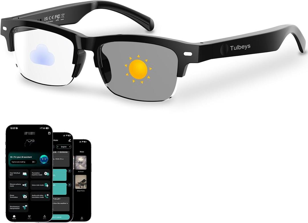 AI Smart Glasses for Men Women with Chat GPT, Bluetooth Translation Glasses (165+ Languages & Accents) Color-Change Lenses, Open Ear Music Playback, Hands-Free Calls, Blue Light Protection for Working