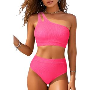 High Waisted Ribbed Bikini Swimsuit - Women Two Piece Bathing Suit One Shoulder Swimwear 2025 (XL, Pink)
