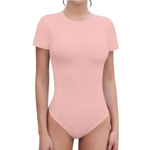 SHEIUGU Women's Crew Neck Short Sleeve Slim Fit T Shirts tops Basic Bodysuit Leotard Clothing(Short Sleeve PinkB, Small)