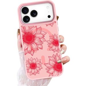 OOK Pink Case Design for iPhone 17 Pro Max Case, Compatible with MagSafe, Cute Sunflower Floral Blooms Design Frosted Shockproof for Women Girls Magnetic Phone Cover - Pink Flower