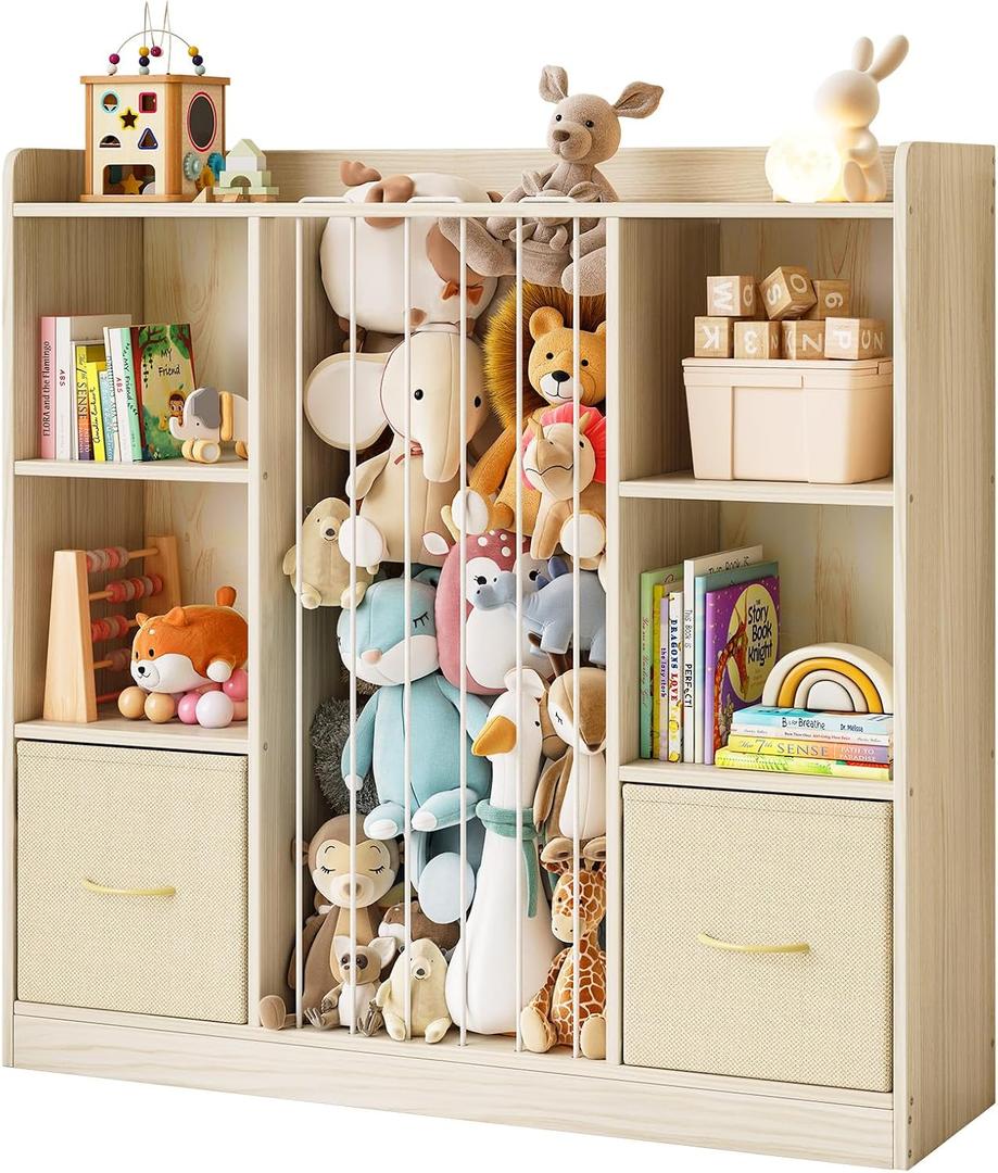 EXPERLAM Toy Storage Organizer with Stuffed Animal Storage, Wooden Toy Organizer & Stuffed Animal Zoo, 6 Cubes Shelf with Removable Drawers, 4 -in-1 Book Shelf for Kids Room, Playroom, Nursery, 40.55 X 11.81 X 39.37 Inches