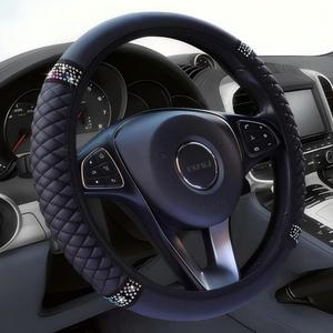 Soft Leather Car Steering Wheel Cover, Universal 15 Inch Colorful Rhinestones Anti-Slip Elastic Steering Wheel Covers for Most Cars, Sparkly Crystal Diamond for Women Girls (Black)