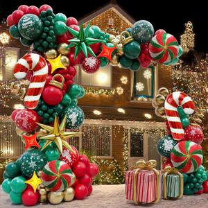 182 PCS Christmas Balloon Garland Arch Kit, Xmas Gingerbread Holiday Balloon Arch Kit Decorations Balloons Christmas Party Garland Balloons Candy Cane Swirl Balloon Arch Kit