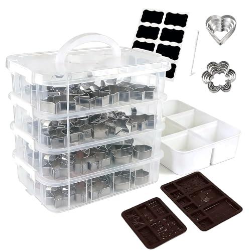 4 Pack of Cookie Cutter Storage with Chocolate Cookie Mold,Handheld Transparent Cookies Cutter Organizer Storage with a Sticker and a Pen,Cover To Prevent Dust, Can Be Used Alone or Hidden for Stacking