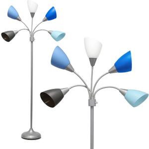 Simple Designs LF2006-SBG 67" Contemporary Multi Head Medusa 5 Light Adjustable Gooseneck Silver Floor Lamp with Blue, White, Gray Shades for Kids Bedroom Playroom Living Room Office (30 x 10 x 67)