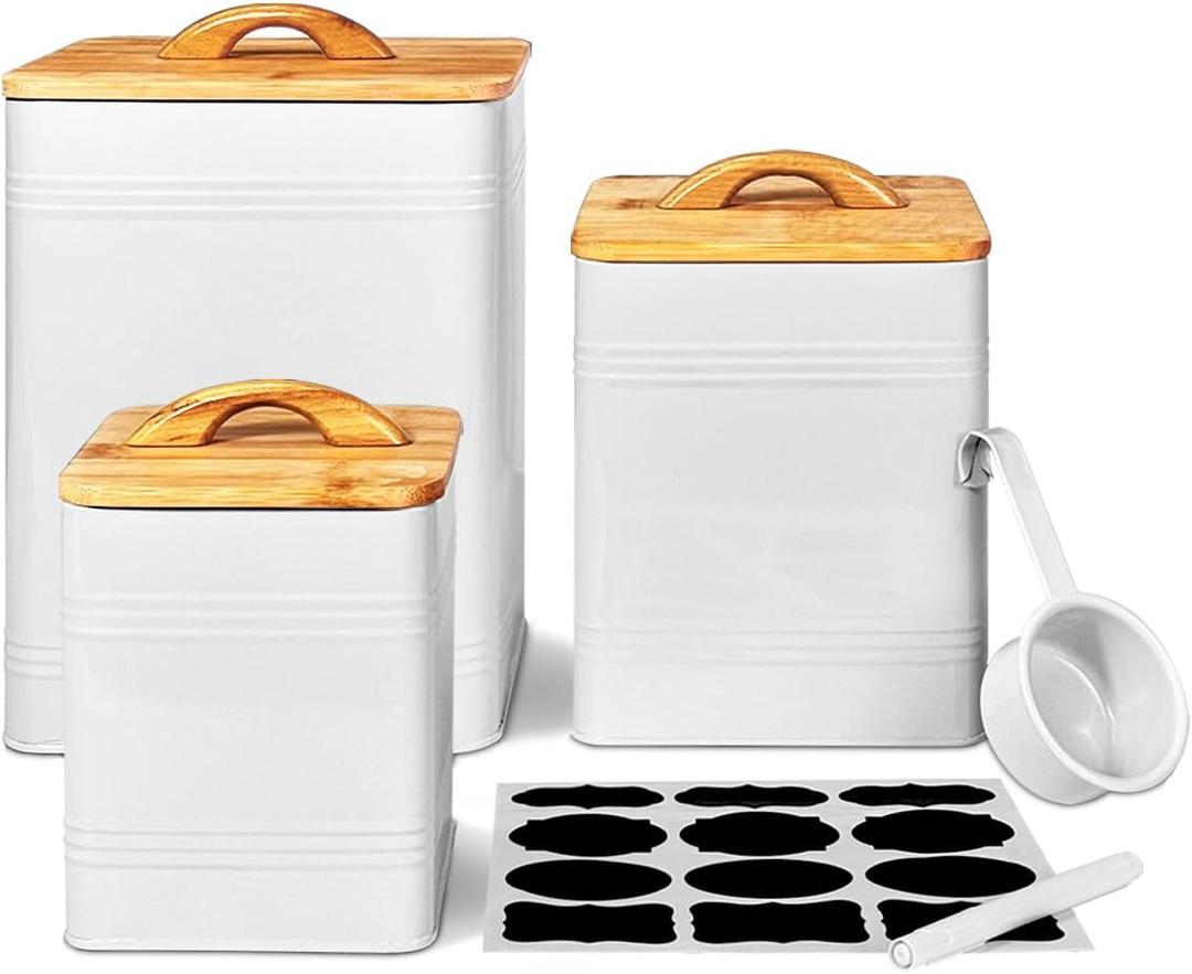 vensovo Kitchen Canister Set of 3 - Large 7 Qt Flour and Sugar Containers Airtight - White Metal Food Storage Jars with Bamboo Lids, Iron Spoon & Erasable Magnetic Labels, Farmhouse Decor for Pantry