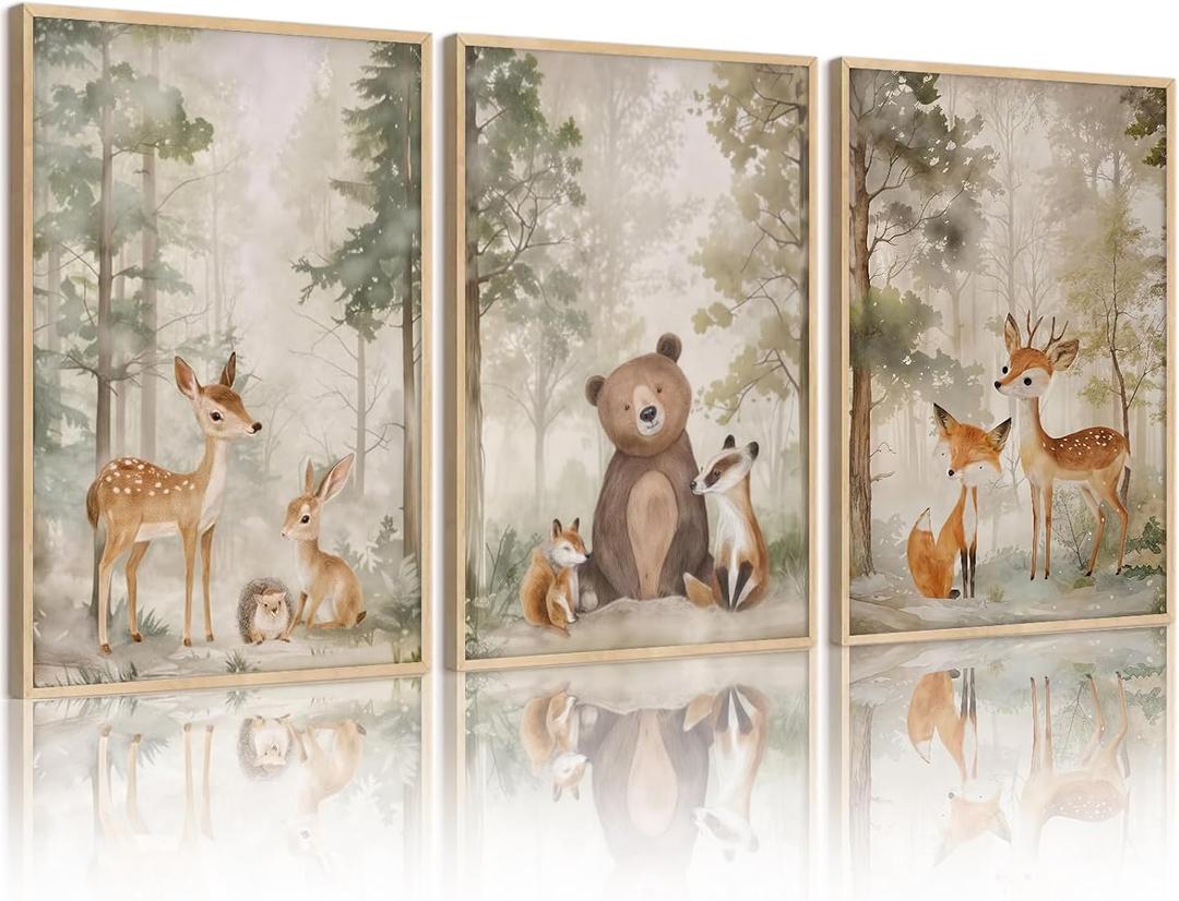 Tocliky Woodland Nursery Wall Art Decor Animal Forest Canvas Prints Baby Boy Room Wall Decor Bear Nursery Nature Pictures Deer Prints Artwork for Boy Girl Kids Bedroom 16x24 Inch Unframed Set of 3