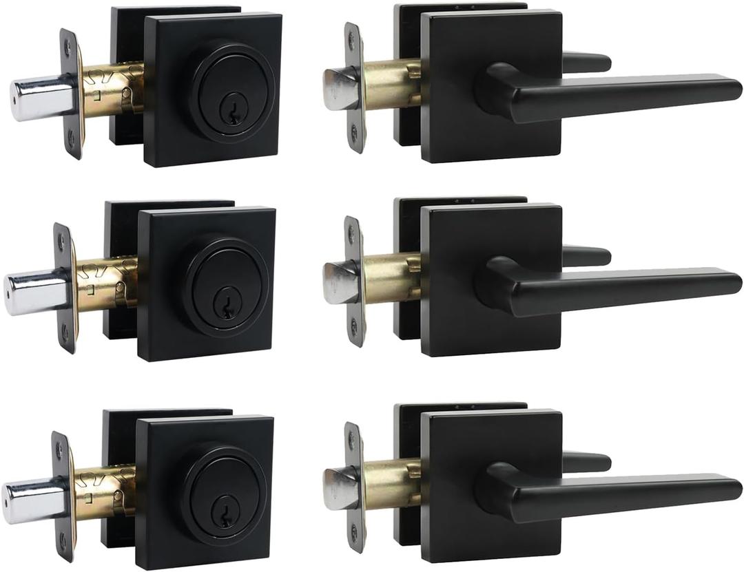 Black Front Door Handle and Deadbolt Set,Door Handles InteriorFront Door Lock SetDoor Locks For Front Door,Dead bolt and Door Handle Set, Square Heavy Duty Exterior Door Knob with Deadbolt,3pack