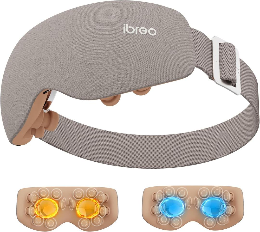 Eye Massager with 2 Level Heat & Cool, 150 Mins Uses, 3 Modes & 14 Vibration Heads, Heated Eye Mask with Bluetooth Music for Migraine, Eye Strain Puffiness and Dry Eye Relief, Eye Care for Women Men (Pale Brown)