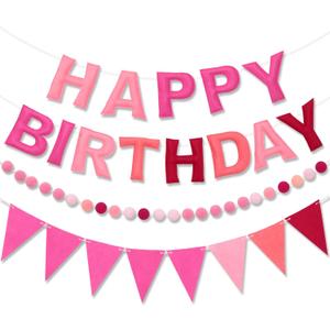 Pre-Strung Happy Birthday Banner & Felt Garland Set - Ombre Pink Birthday Decorations for Women Girls | Reusable Party Supplies for Indoor & Outdoor
