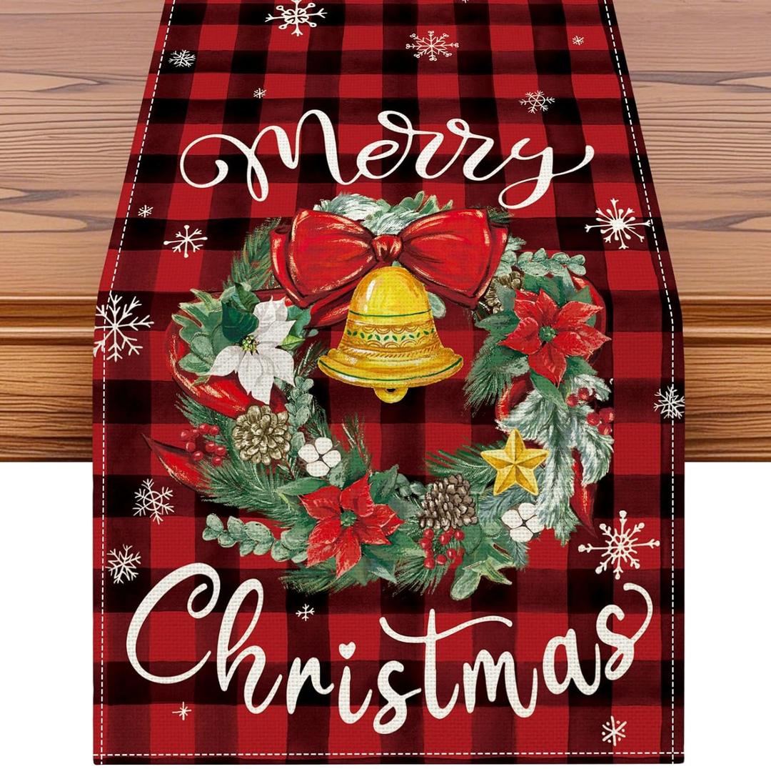 Artscope Wreath Merry Christmas Table Runner, Xmas Winter Holiday Kitchen Dining Table Decoration for Christmas Home Decor 13x120 Inch-Buffalo Plaid Red