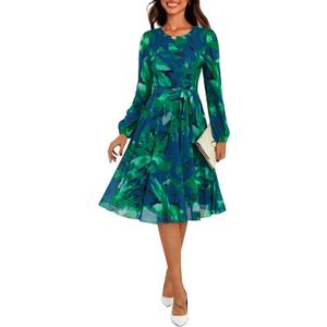 Zattcas Women's 2026 Spring Mesh Long Sleeve Floral Midi Dress Crew Neck A Line Flowy Cocktail Party Wedding Guest Dress, Size S (Green)