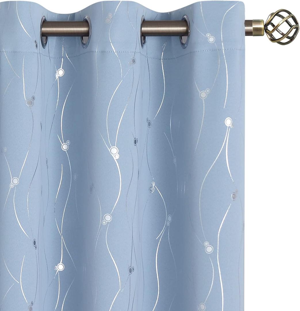 BGment Room Darkening Curtains 63 Inches Long, Grommet Thermal Insulated Blackout Curtains with Wave Line and Dots Printed for Bedroom, 2 Panels, Each 42 x 63 Inch, Light Blue