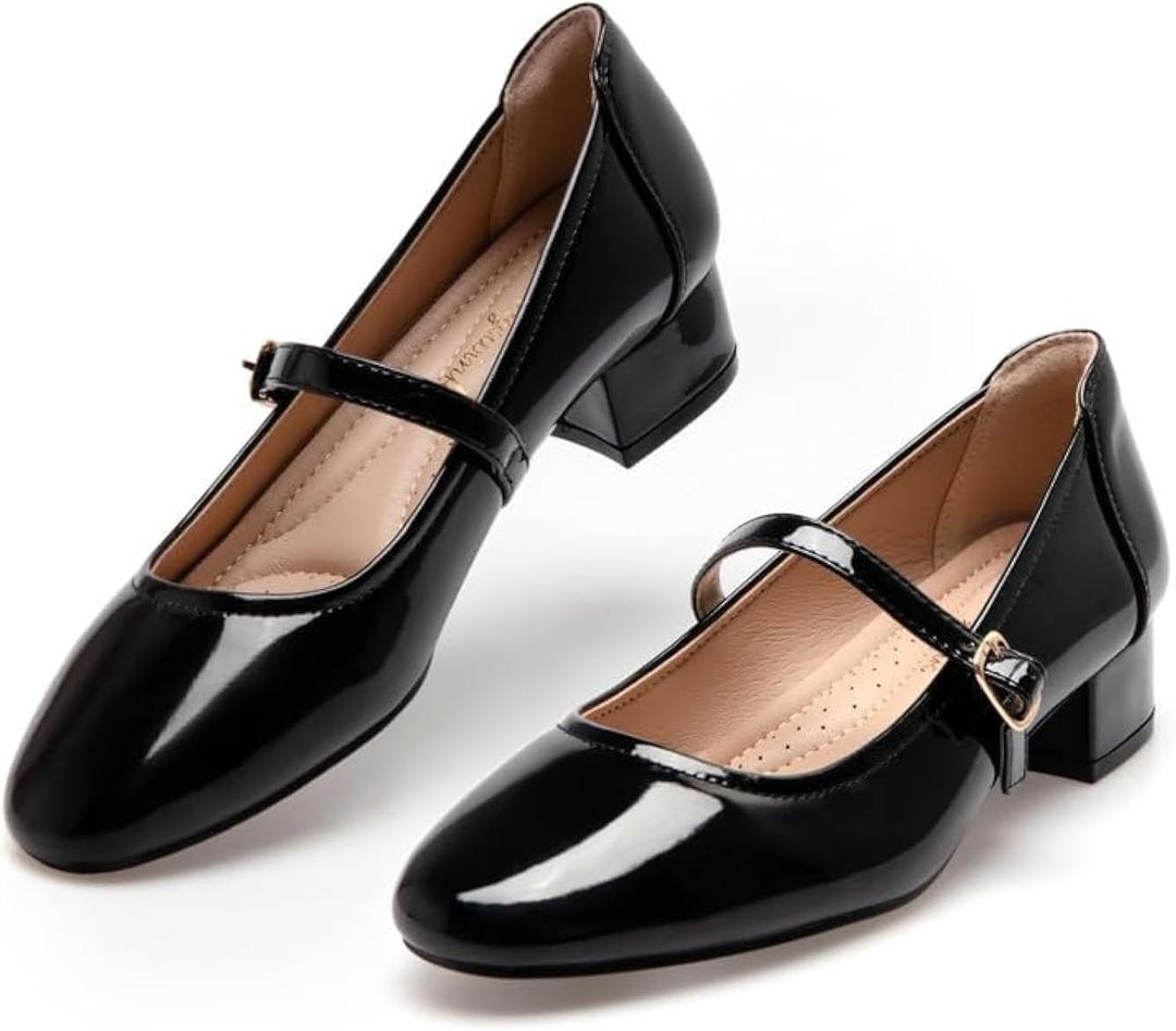 hingswink Mary Jane Shoes Women Low Heels Dress Shoes Pumps Low Heel 2 Inch Chunky Heel Mary Janes Pumps with Adjustable Ankle Strap for Women Dressy Casual (9, Black)