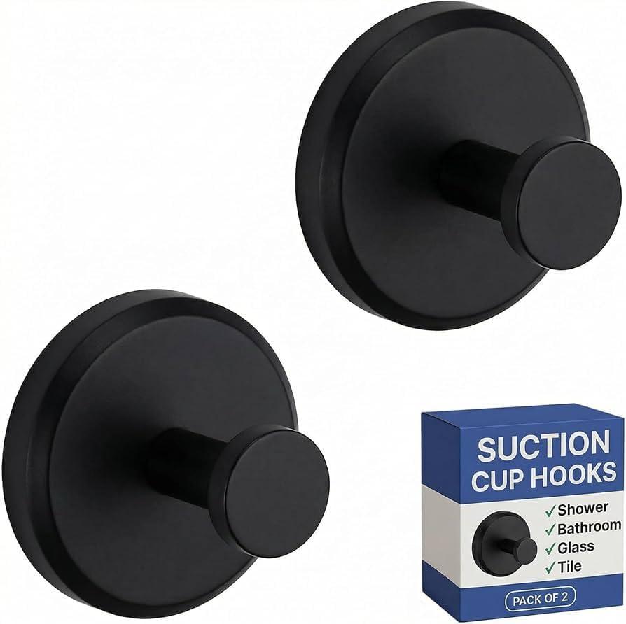 HOME SO Suction Cup Hooks for Shower & Bathroom Towel Holder 2-Pack Suction Cups Hooks for Hanging Towels, Robes, & Coats - Tiles, Glass Door or Mirror Shower Hooks & Towel Hooks Organizer - Black