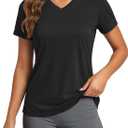 MAGCOMSEN Women's Workout Tops Short Sleeve UPF 50+ Athletic Shirts Quick Dry V-Neck T-Shirt Moisture Wicking Gym Tee (Black, L)