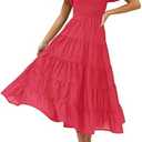ZESICA Women's 2026 Summer Square Neck Short Puff Sleeve Solid Color High Waist Casual Smocked Flowy A Line Tiered Midi Dress, S
