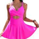 AI'MAGE Women's One Piece Swimdress V Neck Tie Back Skirt Swimsuit Push Up Tummy Control Bathing Suits (Medium, Hot Pink)