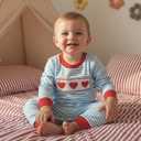 Sasaerucure Infant Newborn Baby boy Valentines day Outfit Heart Embroidery Striped Long Sleeve Romper Jumpsuit, Size 0-3M