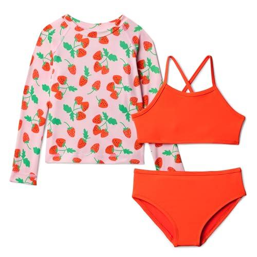 Amazon Essentials Girls' Long sleeve Rash Guard three-piece bikini swim Set, Strawberries/Tomato Red, X-Large