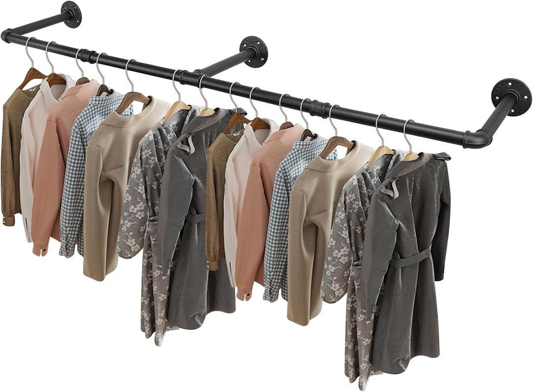 Livabber Industrial Pipe Clothes Rack, Heavy Duty Detachable Iron Garment Rack Wall Mounted, Rustic Saving Space Clothes Bar Multi-Purpose Hanging Rod for Bedroom, Closet, Black (60 Inch)