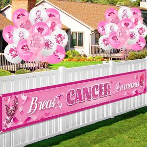 HOWAF 37pcs Breast Cancer Awareness Party Decorations- 1 Breast Cancer Awareness Yard Sign and 36pcs Breast Cancer Awareness Balloons, Pink Ribbon Party Fence Banner and Pink Ribbon Latex Balloons