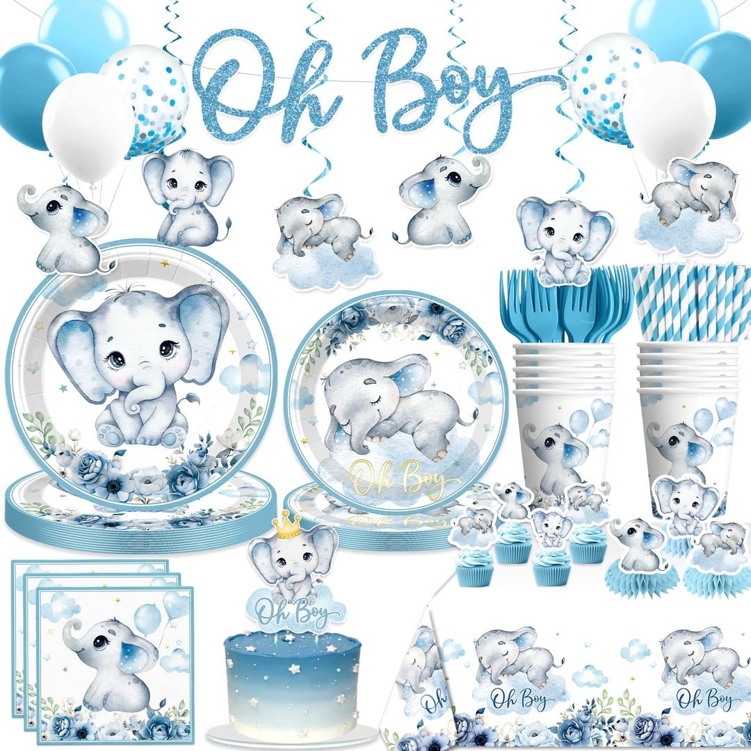 Xynic 206pcs Elephant Baby Shower Decorations Complete tableware Set, for 25 Guests, Blue Elephant party Decorations, Disposable Plates and Napkins, Banner, Tablecloth for Baby Shower Decoration Boy