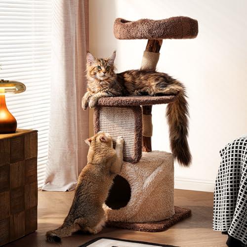 Modern Cat Tree for Large Cats, 40 Inch Solid Wood Cat Tower & Luxury Condo for Indoor Cats Adult, Heavy-Duty Cat Tree for Maine Coon, Stable Multi-Level Scratching Post, Cozy Perch & Hideaway, Brown
