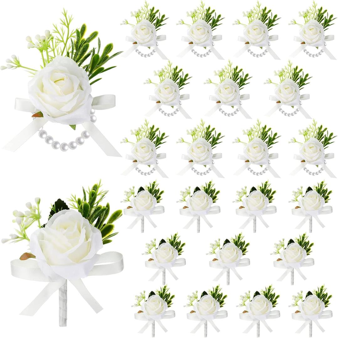 XunYee 20 Pcs Rose Wrist Corsage and Boutonniere Set, Men Corsages Wristlet Band Bracelet Artificial Prom Flower Wrist Corsage for Wedding Bride Groom Prom Suit Decorations (Ivory White)