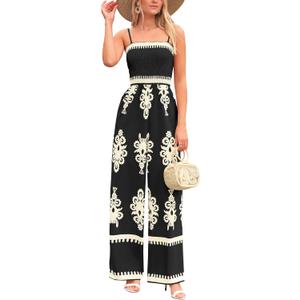 PRETTYGARDEN Women's Summer Boho Jumpsuits One Piece Beach Vacation Outfits Spaghetti Strap Wide Leg Pants Rompers (Large, Black)
