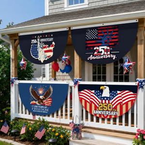 Remagr 4 Pcs 4th of July Outdoor Porch Decor 1.5 x 3 ft 250th Anniversary Bunting Flag Patriotic Outdoor Decor Non-pleated Half Fan Banner for Independence Day Memorial Day 1776-2026 Garden Front Door