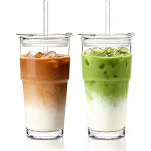 INSETLAN 20oz Clear Glass Cup with Lid and Glass Straw, Set of 2 Thickened Glass Coffee Tumblers, Drinking Glasses with Straw for Smoothie, Tea, Milk, Whiskey, Water and More Elegant & Durable