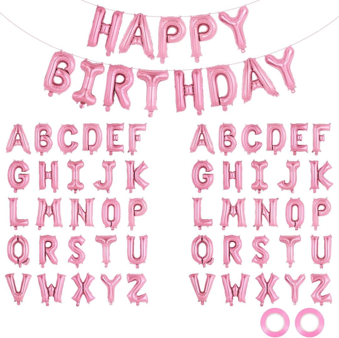 65 Pcs Pink Happy Birthday Balloons and 2 Sets A-Z Letters Foil Balloons, 16 Inch Personalized Name Happy Birthday Banners for Wedding Baby Shower Anniversary Party Decorations (Pink)