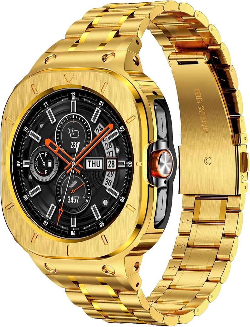 Stainless Steel Bands with Case Compatible with Samsung Galaxy Watch Ultra 2/1 47mm (2025 2024), Rugged Protector Cover Metal Band for Galaxy Watch 7 8 Ultra for Men (Gold)