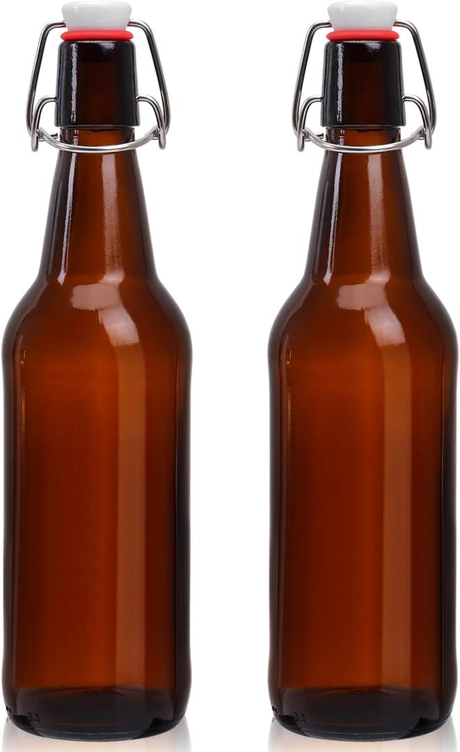 16oz 2 Pack Amber Glass Beer Bottles with Airtight Rubber Seal Flip Caps,Swing Top Glass Bottles for Home Brewing, Kombucha, Beverages, Oil, Vinegar, Vanilla Extract,Water, Soda, Kefir (500ml)