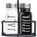 Farmhouse Salt and Pepper Shakers Set, a cute black and white premium glass shakers with stainless steel lids in a black metal holder, perfect for adding a vintage kitchen decor charm, great as a gift