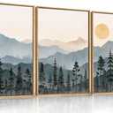 LHIUEM Boho Mountain Framed Canvas Wall Art Set,Forest Pine Tree Wall Decor, Sunrise Misty Wilderness Painting,Watercolor Nature Landscape Artwork for Living Room,Bedroom,Dining Room,Office -24"x36"x3 (Boho Mountain Wall Art)