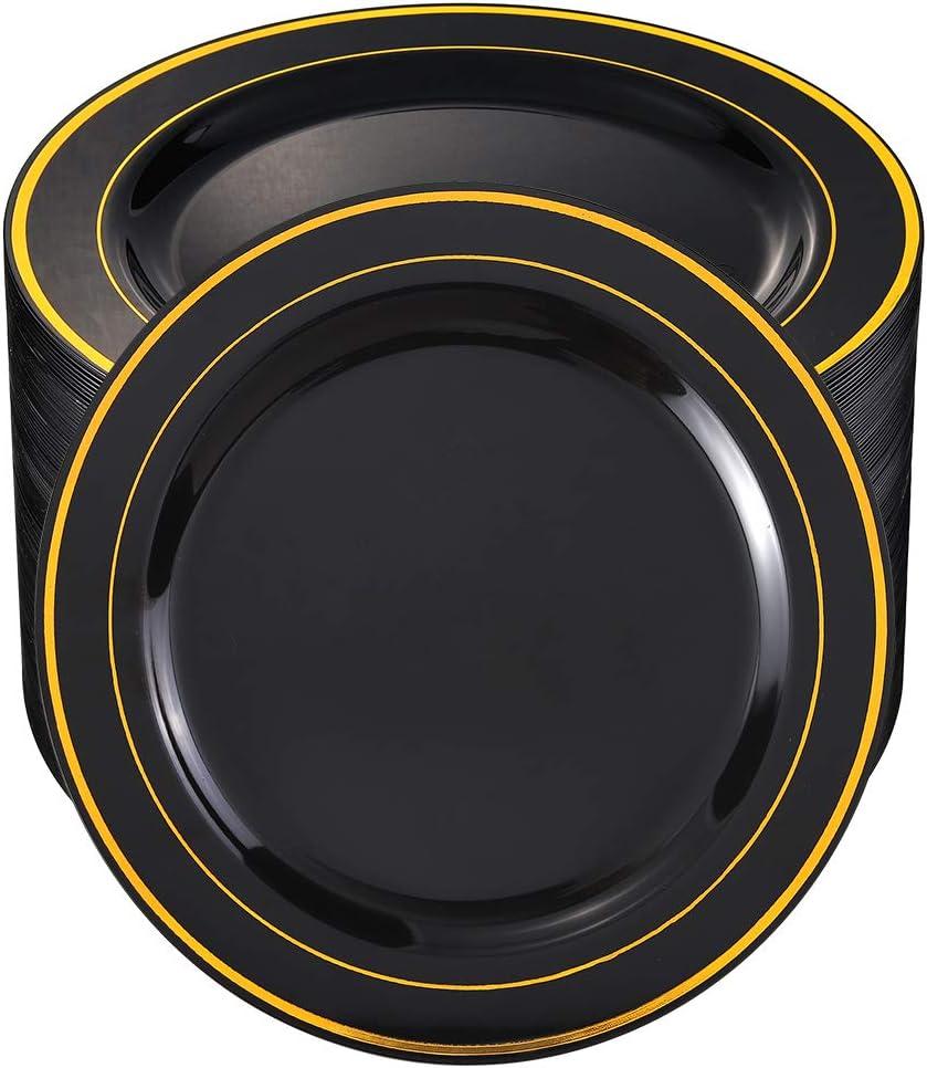 bUCLA 100 Pieces Black and Gold Plastic Dinner Plates - 10.25 inch Black Disposable Plates with Gold Rim - Ideal for Party, Graduation & New Year