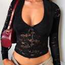 Falechay Women's Lace Long Sleeve Shirt Low Cut Y2K Slim Fit Top Bow Sexy Going Out Club Concert Clothes (XS)