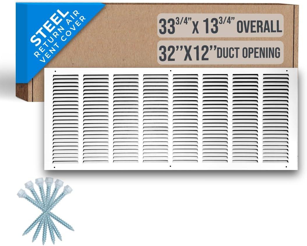 Fits 32x12 Duct Opening | Steel Return Air Grille by Handua | Vent Cover Grill for Sidewall and Ceiling | White | HVAC Cold Air Intake Grille | Outer Dimensions: 33.75"W X 13.75"