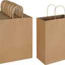 Oikss 100 Pack 10x5x13 Plain Natural Brown Kraft Paper Bags with Handles Bulk for Birthday Party Favors Grocery Retail Shopping Business Goody Recycled Craft Gift Bags (Large Size, 100 Count)