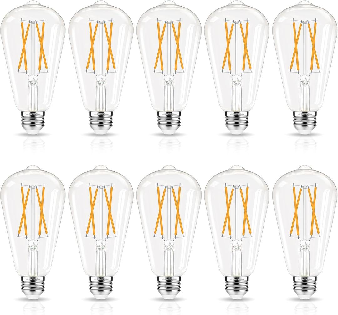 GvvooHome LED Edison Bulbs Dimmable, E26 Bulb 60 watt Equivalent, Soft White 2700K, ST58 Vintage Light Bulbs, 90+ CRI, 6W 600LM, E26 Medium Base, Clear Glass, 10 Pack